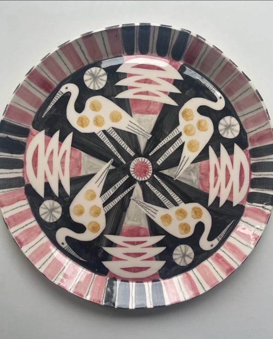 Image of Heron hand built and decorated earthenware plate 