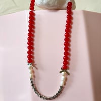 Image 3 of Red Glass, Pearl and Flowers One of a Kind Necklace