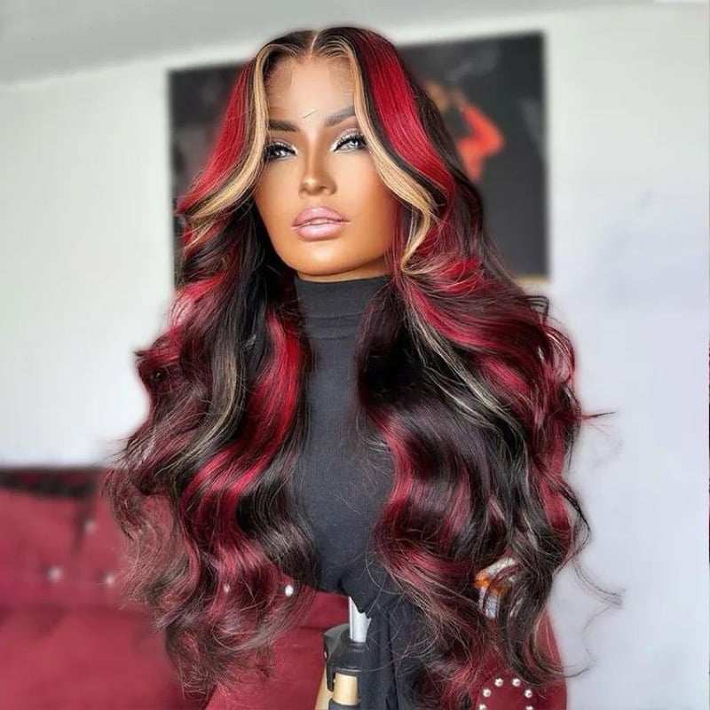 Image of Glueless 180% density Highlight Blonde Red 13X4 Body Wave Lace Front Wig Human Hair Pre Plucked 