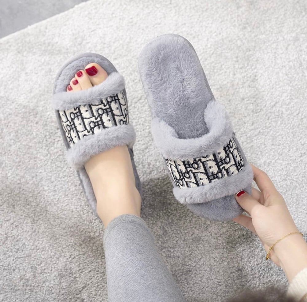 Image of Dior Color Embroidery Printed Plush Slippers
