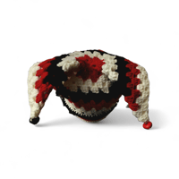 Image 2 of Harlequin Jester Beanie with Painted Jingle Bells, Granny Hexi Crochet Hat, Comic Themed