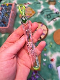 Image 1 of Extra Fancy Hanging Whisker Bank - Green Heart and Pink Flower Patch with Swirly Greeb Heart Charm