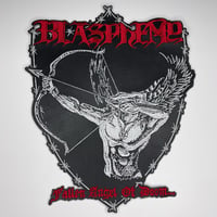 Image 1 of Blasphemy - Fallen Angel Of Doom... *SHIELD SHAPED* Embroidery On Faux Leather Back Patch