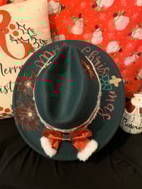 Image 1 of "Merry Christmas & Poinsettia" Hand-Burned Narrow Brim Hat