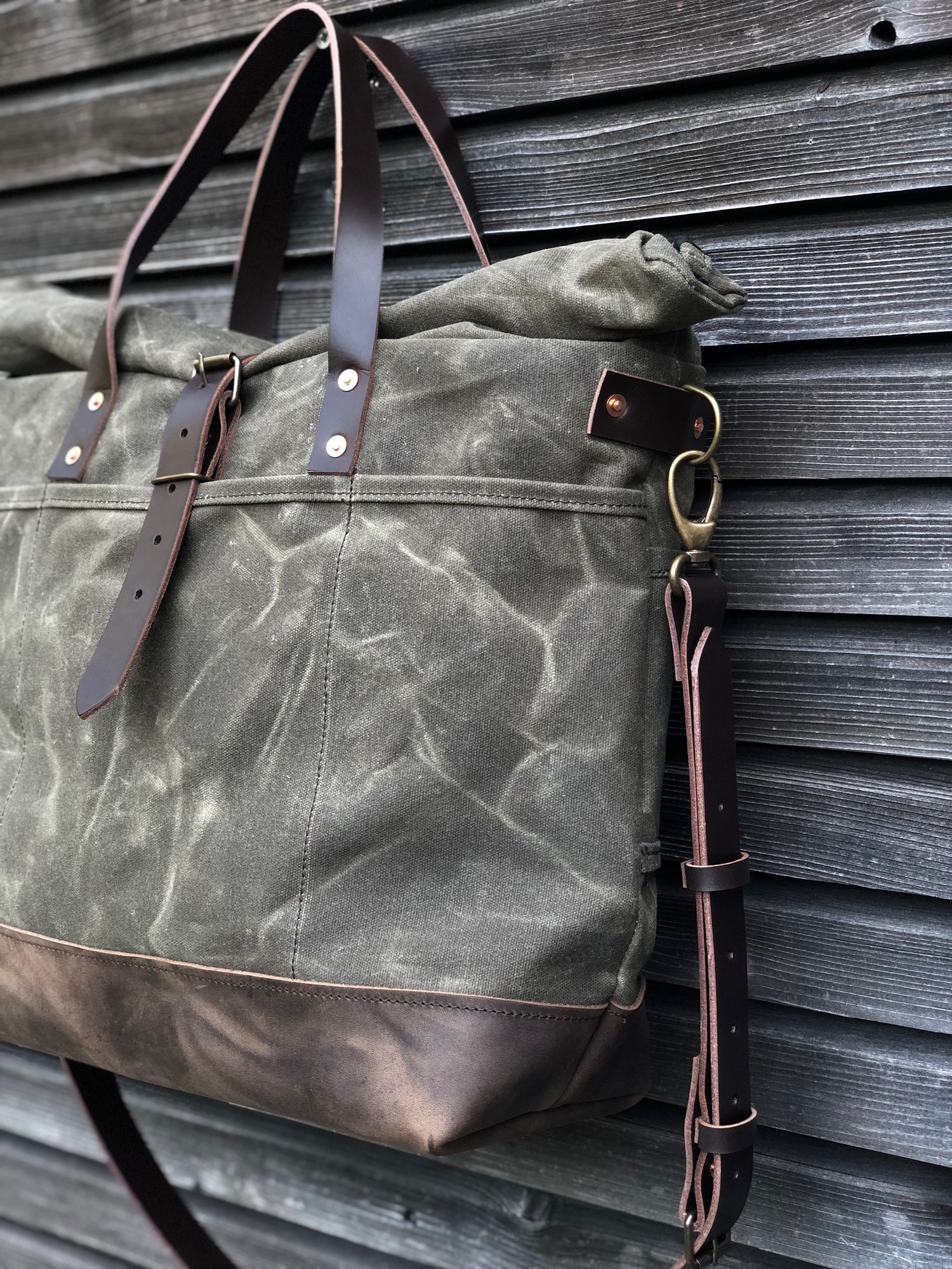 Image of Waxed canvas roll top tote bag / office bag with luggage handle attachment leather handles and shoul
