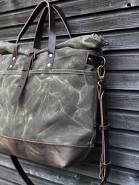 Image 11 of Waxed canvas roll top tote bag / office bag with luggage handle attachment leather handles and shoul