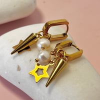 Image 2 of Triple charm oval Huggie Hoops - smaller with star, pearl and spike