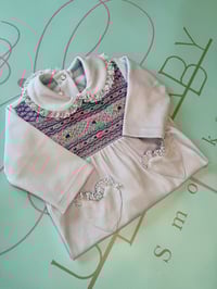 Image 1 of girls lilac smocked Babygrow 