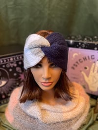 Image 2 of "Twist & Shout” – Blue, White & Gray Hand-Knit Ear Warmer