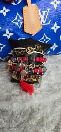 Image 2 of Blue Luv 2pc Speedy with red stretch bangle stack & Earrings