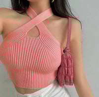 Image 3 of Solid Color Halter Neck Hollow Out Tank Top