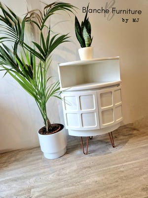Image of Nathan Corner Drinks Cabinet in white on Copper hairpin legs - Available Now