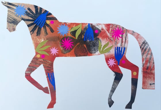 Image of Orange and blue mono printed and collaged horse 