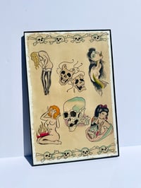 Image 1 of Hand Painted Ed Hardy Inspired American Traditional Tattoo Flash Sheet, Six Pieces in a Black Frame