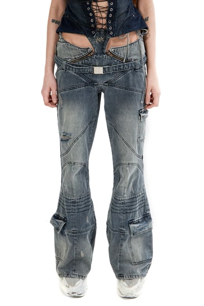 Image of K16CH1 - Flared Biker Denim Jeans