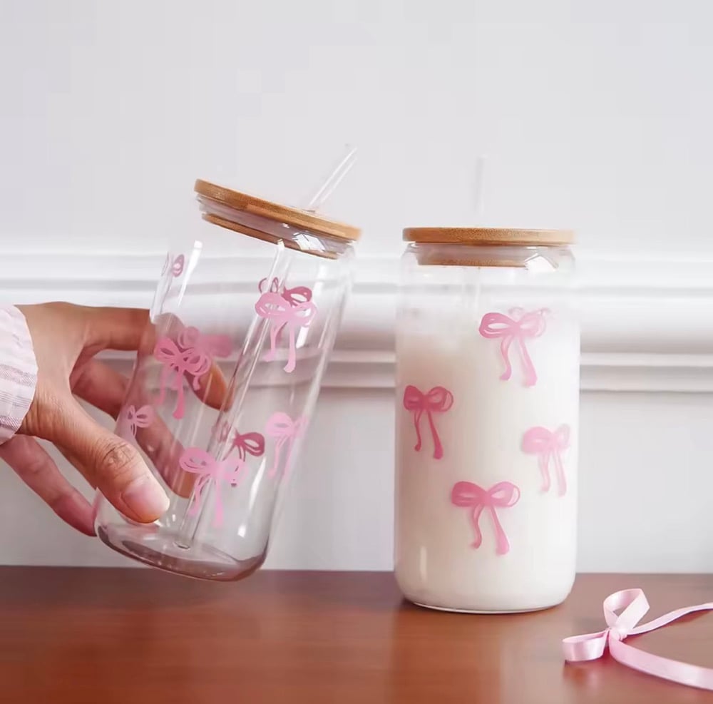 Image of 1/2/4/6Pcs Glass Bow Printed Glass Cup with Lid and Straw, Exquisite High-End Bow Glass Cup 