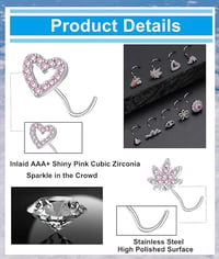Image 5 of 16Pcs Nose Stud Rings Screw Shaped Nose Ring Flower Snake Butterfly Heart Eye CZ Dangle Nose Rings S
