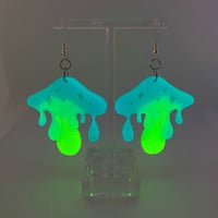 Image 2 of Green/Blue Drippy Mushroom Earrings 