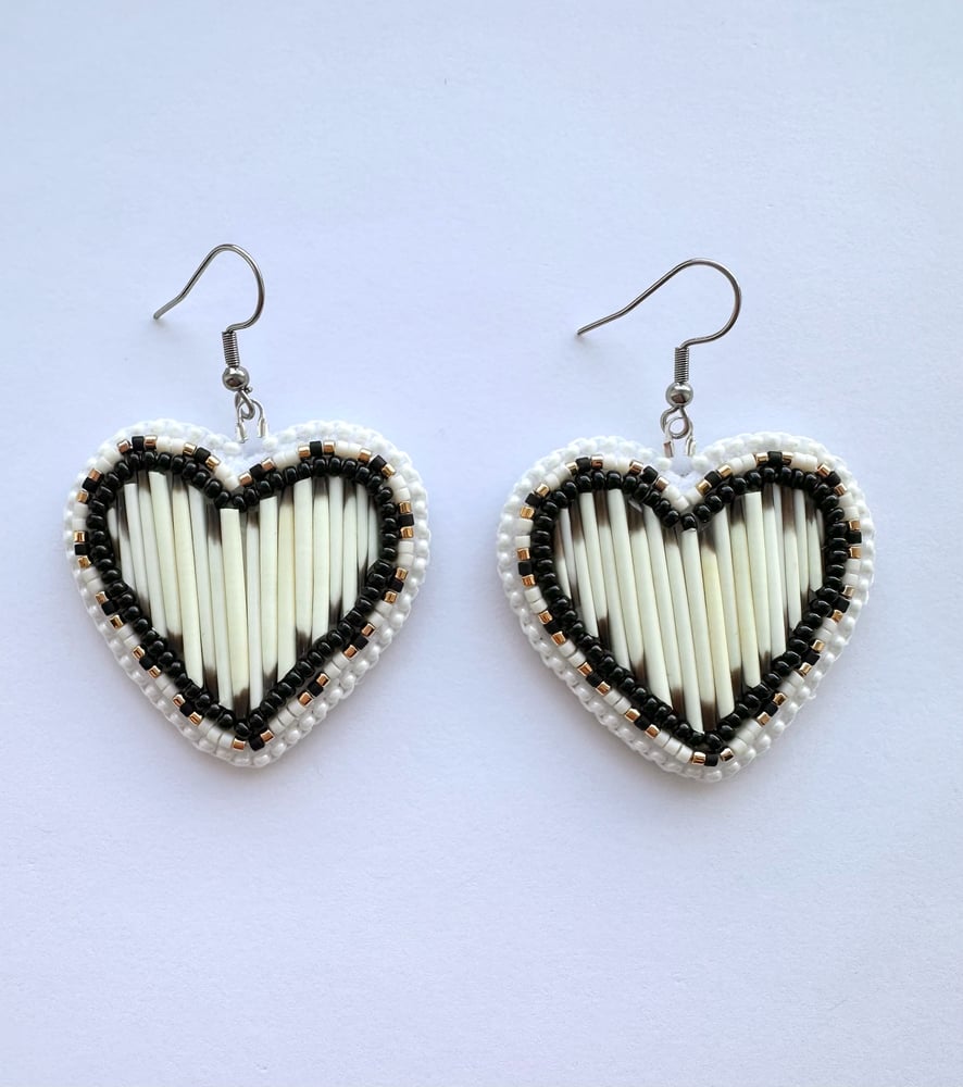 Image of Heart shaped beaded porcupine quill earrings