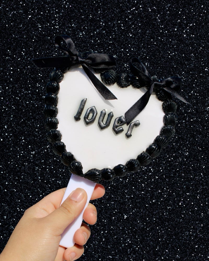 Image of White and Black VDay Cake Handheld Mirror