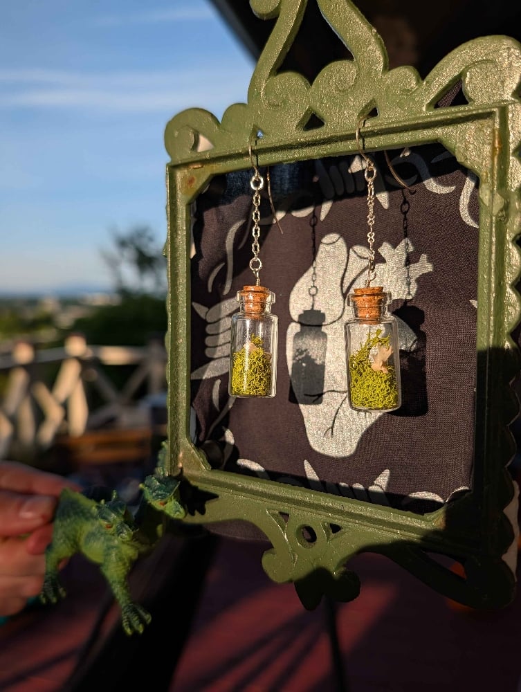 Image of mossy squirrel vertebrae jar earrings