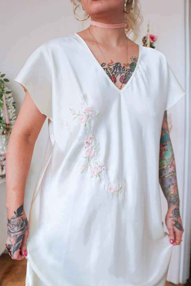 Image of Y2K Secret Treasures Fairy Silky Gown with Pastel Floral Embroidery  (Large)