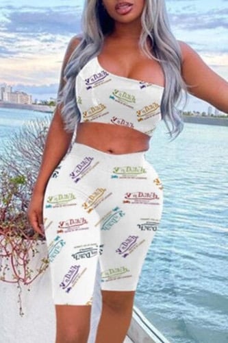 Image of White Casual Sportswear Letter Print Vests One Shoulder Sleeveless Two Pieces