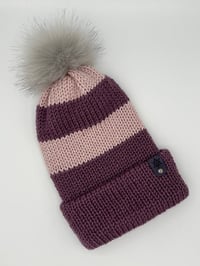 Image 1 of Striped Beanie with Faux Fur Pom Pom 