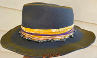 Image 3 of Handmade Torch Burned Yellow/Gray Fedora Hat, Playing Card, Bead & Feather Band 