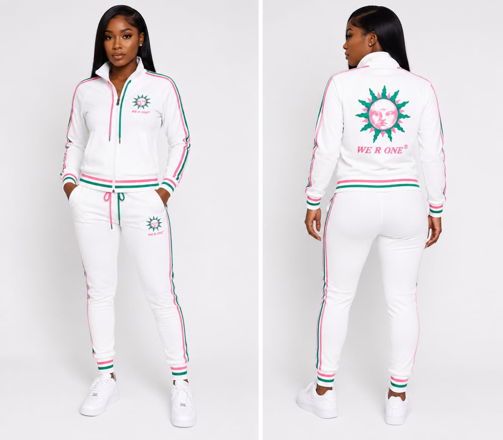 Image of LADIES 2 STRING FULLZIP DRI FIT SWEATSUIT - WHT