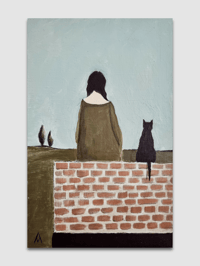 Image 1 of Original Painting - Lady With A Cat On A Brick Wall
