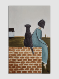 Image 1 of Original Painting - Girl And Dog Sat On A Brick Wall In The Countryside 