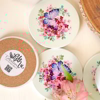 Image 2 of Set of 4 watercolour floral ceramic round coasters - mint green