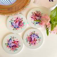 Image 1 of Set of 4 watercolour floral ceramic round coasters - mint green