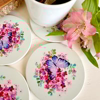 Image 4 of Set of 4 watercolour floral ceramic round coasters - mint green