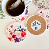Image 3 of Set of 4 watercolour floral ceramic round coasters - pink flowers