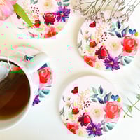 Image 1 of Set of 4 watercolour floral ceramic round coasters - pink flowers