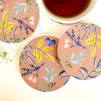 Image 3 of Set of 4 watercolour floral ceramic round coasters - Brown leaves