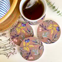 Image 1 of Set of 4 watercolour floral ceramic round coasters - Brown leaves