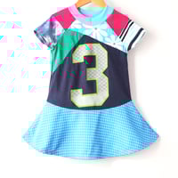 Image 2 of daisy pink blue three 3T 3 3rd third twirly birthday bday party short sleeve mix prints dress