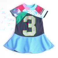 Image 1 of daisy pink blue three 3T 3 3rd third twirly birthday bday party short sleeve mix prints dress
