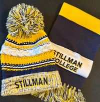 Image 2 of STILLMAN POM BEANIE & SCARF / NAVY, GOLD & WHITE