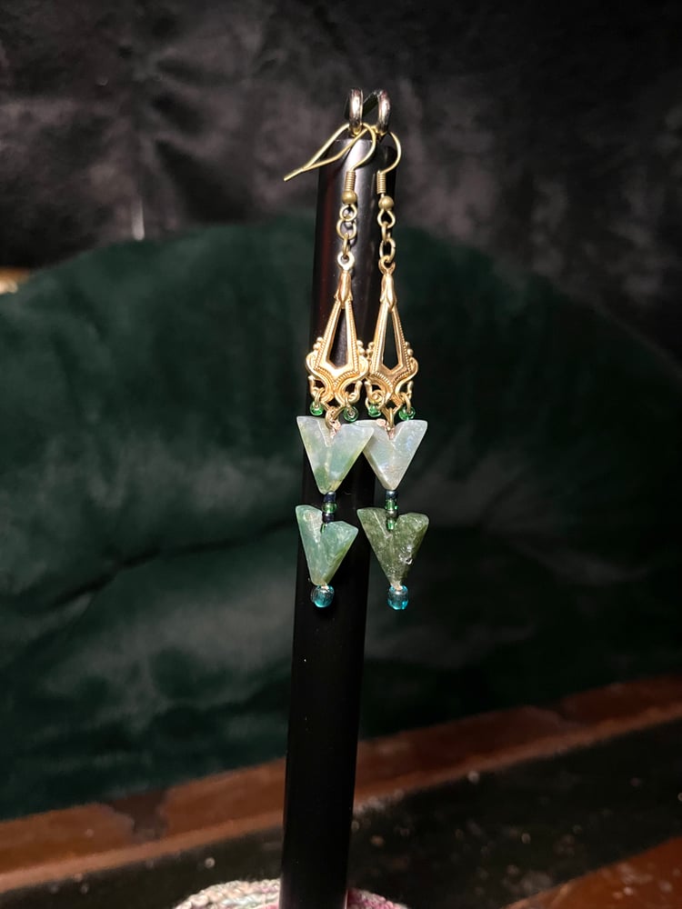 Image of Moss Agate Arrow Bronze Ornate Earrings