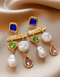 Image 1 of Retro Fringe Rhinestone Asymmetrical Pearl Earrings