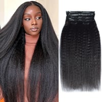 Image 1 of Kinky Straight, Yaki  #1B 6Pcs  PU Seamless Clip ins Hair Extensions Real Human Hair 120G 