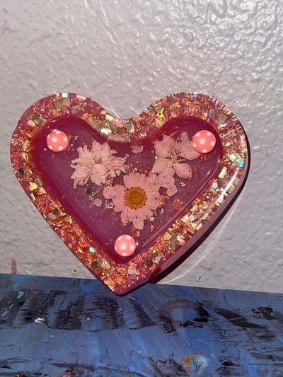 Image of Light pink flower and mushroom ashtray. Heart shape  