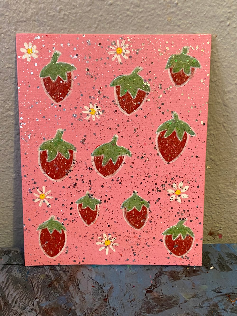 Image of Strawberry and flower glitter painting