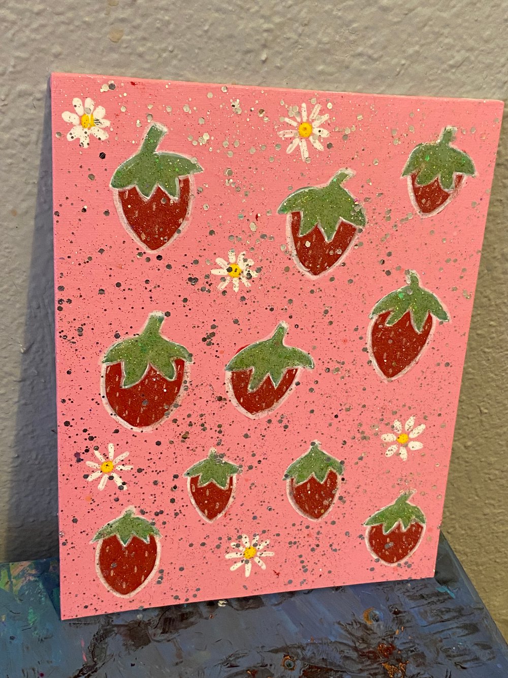 Image of Strawberry and flower glitter painting