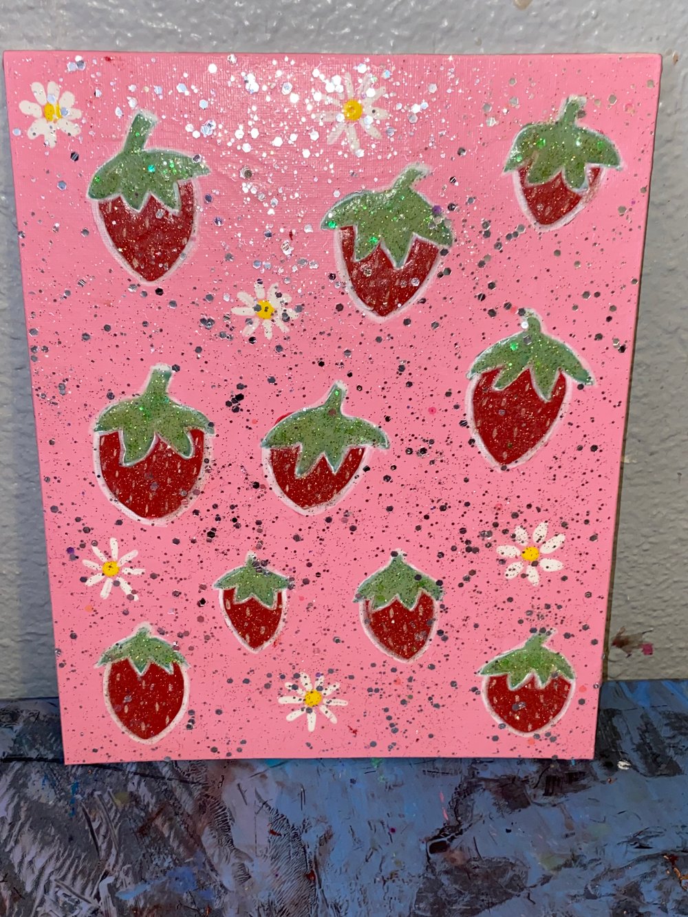 Image of Strawberry and flower glitter painting