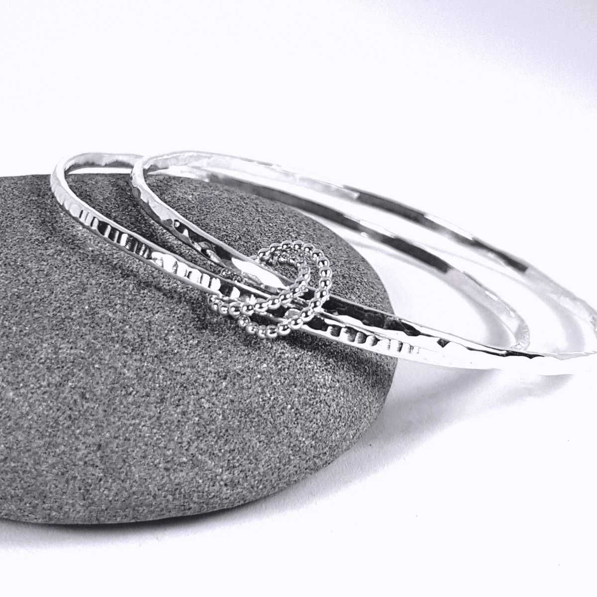 Image of Sterling Silver Two Bangle Set, Handmade Silver Bangles with Beaded Rings